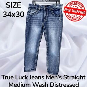 True Luck Jeans Mens 34x30 Straight Medium Wash Distressed FREE SHIPPING